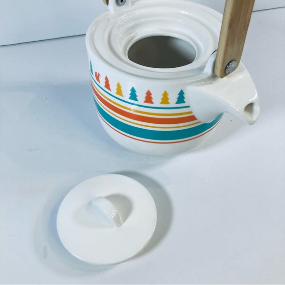 David’s Tea Cute Trees Foxes Wood Handle Ceramic Pastel Striped Teapot No Cup - Picture 2 of 8